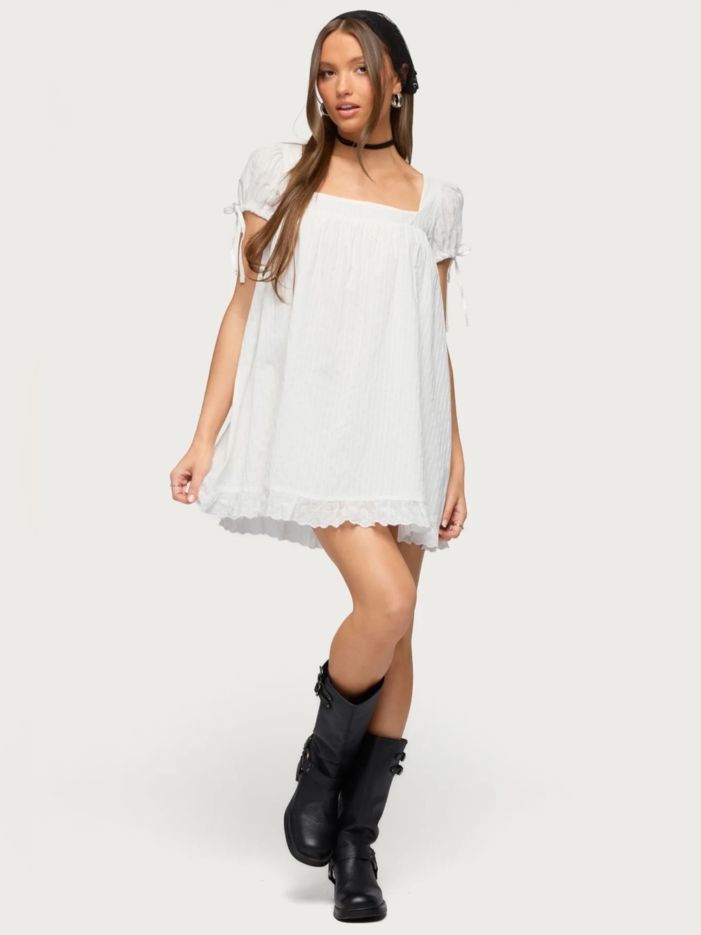 Edikted Sepid Striped Cotton White Mini Babydoll Dress NWT Medium - Picture 2 of 4